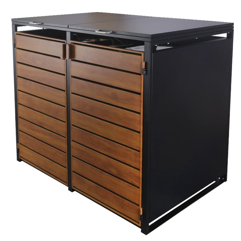 BX-CW117 Double-Bay Wood-Grain Wheelie Bin Storage Shed (Galvanized Steel)