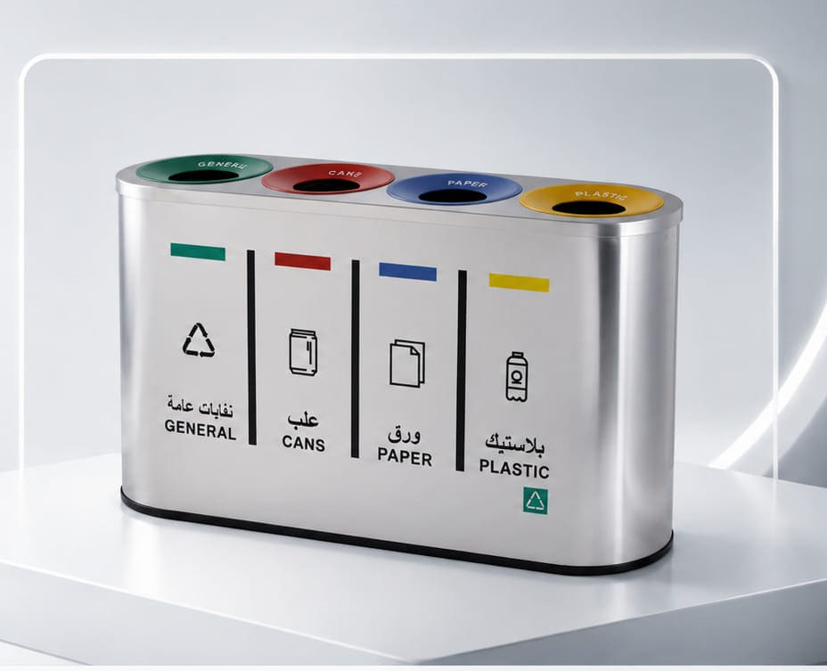 BOXIN 4-stream commercial stainless steel recycling station with Arabic and English labels